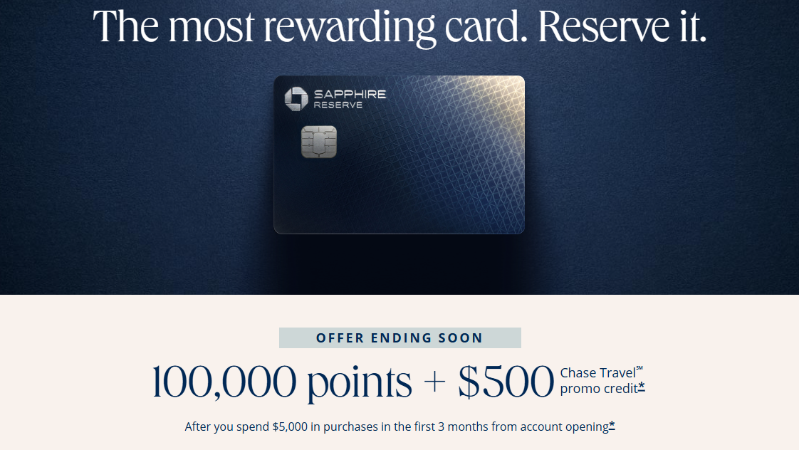 Chase Sapphire Reserve: 100K Bonus Points & $500 Credit!